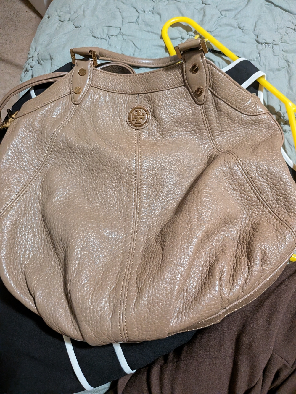 Tory Burch Pebbled Taupe Leather Hobo with Gold Logo